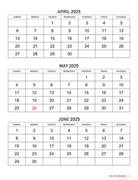 April, May and June 2025 Calendar