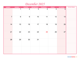 december calendar 2025 with notes