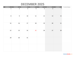 december monday calendar 2025 with notes