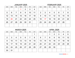 January to April 2025 Calendar