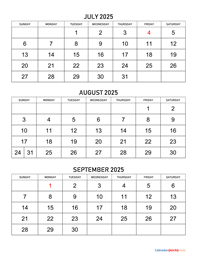 July, August and September 2025 Calendar