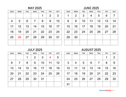 May to August 2025 Calendar