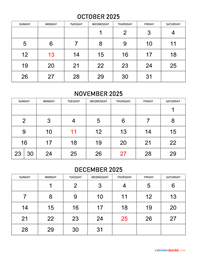 October, November and December 2025 Calendar
