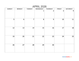 april 2026 blank calendar