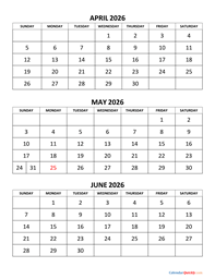April, May and June 2026 Calendar