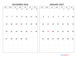 december and january 2026 calendar