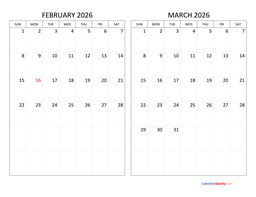 february and march 2026 calendar