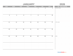 january 2026 calendar with to-do list