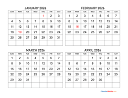 January to April 2026 Calendar