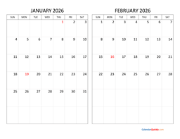 january and february 2026 calendar