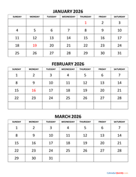 January, February and March 2026 Calendar