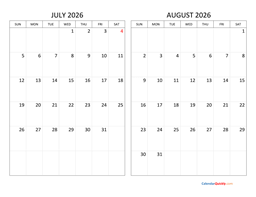 july and august 2026 calendar