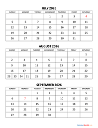 July, August and September 2026 Calendar
