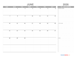 june 2026 calendar with to-do list