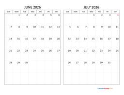 june and july 2026 calendar
