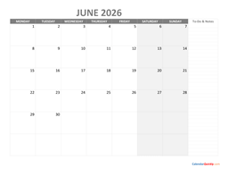 june monday calendar 2026 with notes