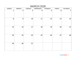 march 2026 blank calendar