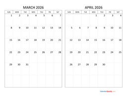 march and april 2026 calendar