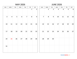 may and june 2026 calendar