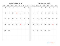 november and december 2026 calendar