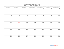 october 2026 blank calendar