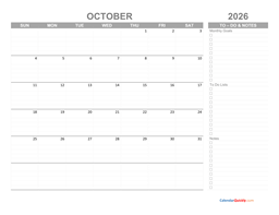 october 2026 calendar with to-do list