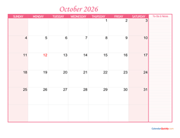 october calendar 2026 with notes