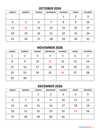 October, November and December 2026 Calendar