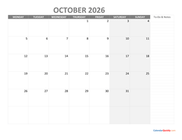 october monday calendar 2026 with notes