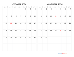 october and november 2026 calendar