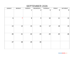 september 2026 blank calendar