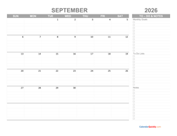 september 2026 calendar with to-do list