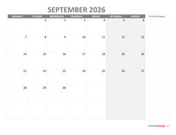 september monday calendar 2026 with notes
