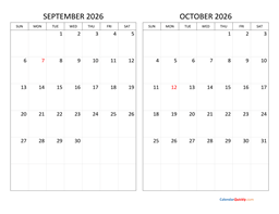 september and october 2026 calendar
